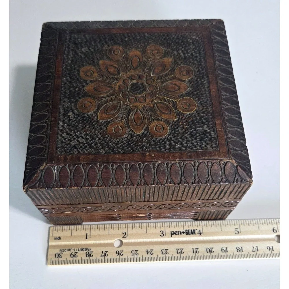 Vintage Polish Wooden Box Hand Carved Pyrography Hinged Trinket Wood Jewelry Box